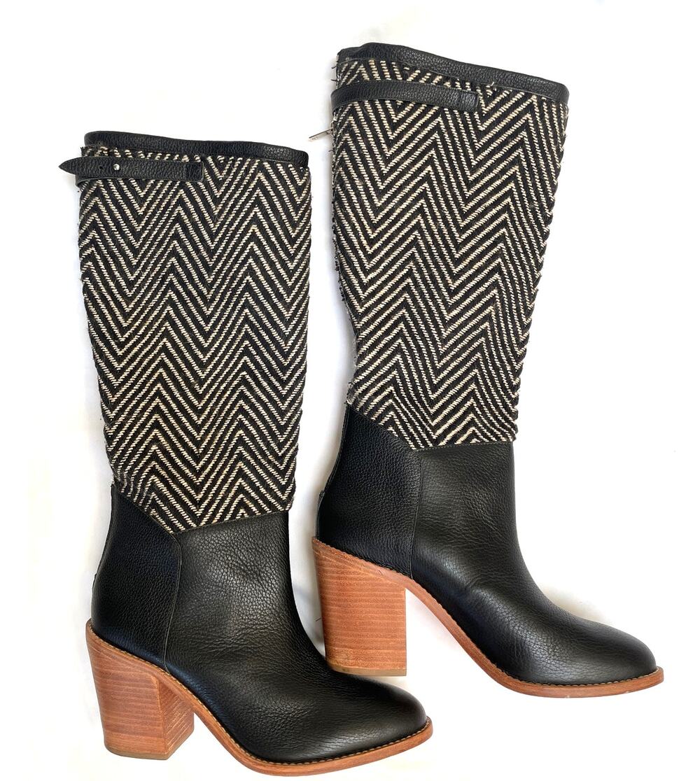 Loeffler Randall Black Leather Herringbone Knit Tall Knee Riding Boots, 9 (10)